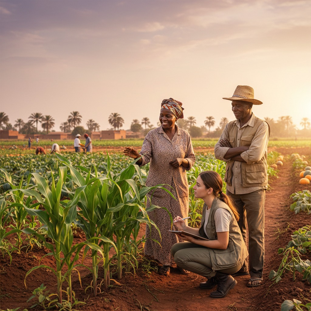 An agricultural consultant kneels and takes notes on a tablet while speaking with two farmers in a sunlit field of young crops.