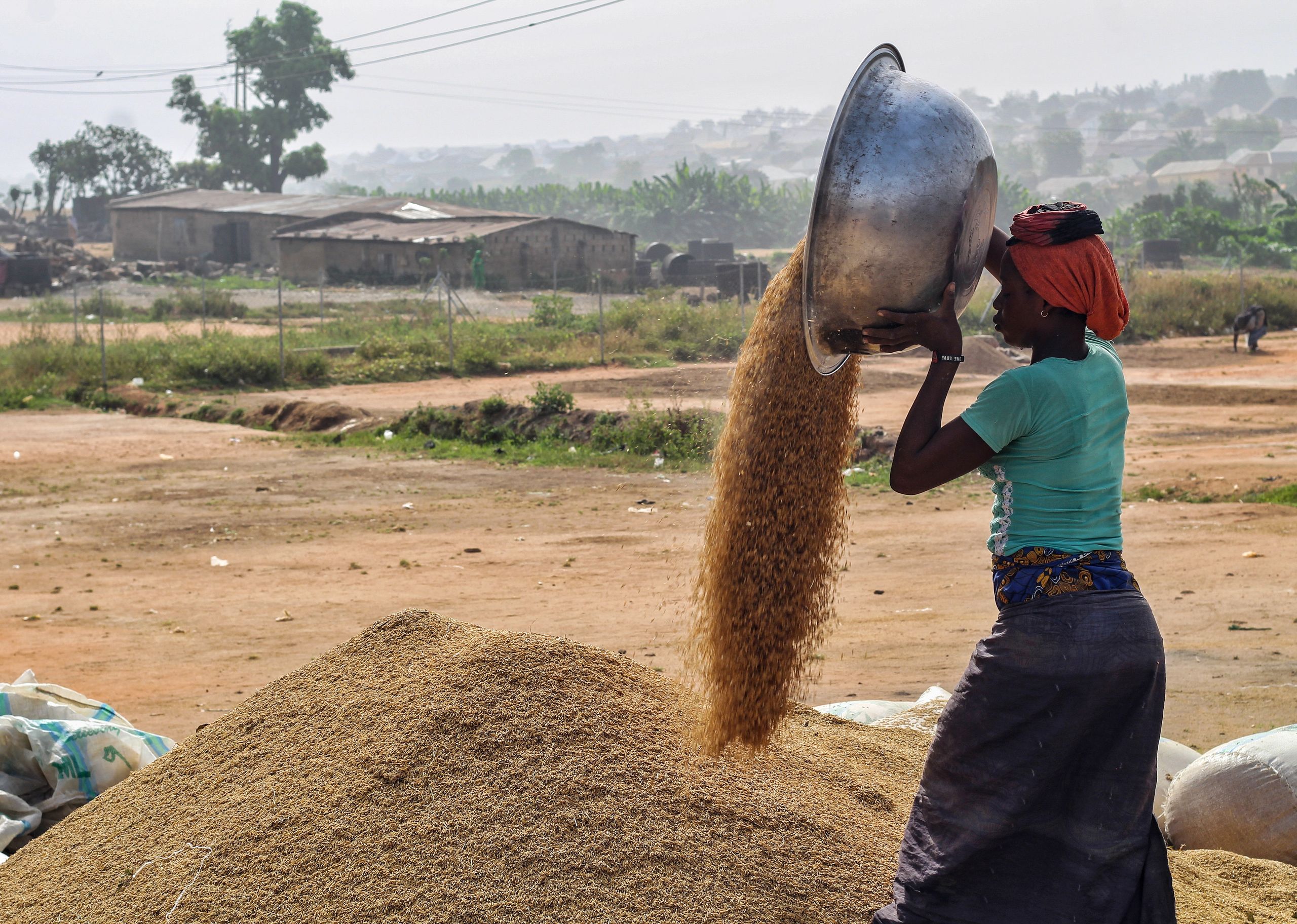 Black woman pouring grain into pile on farm field, showcasing agricultural lifestyle.